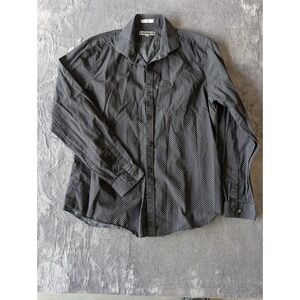 Express Mens 1MX Fitted Long Sleeve Polka Dot Button Down Shirt Grey White Large